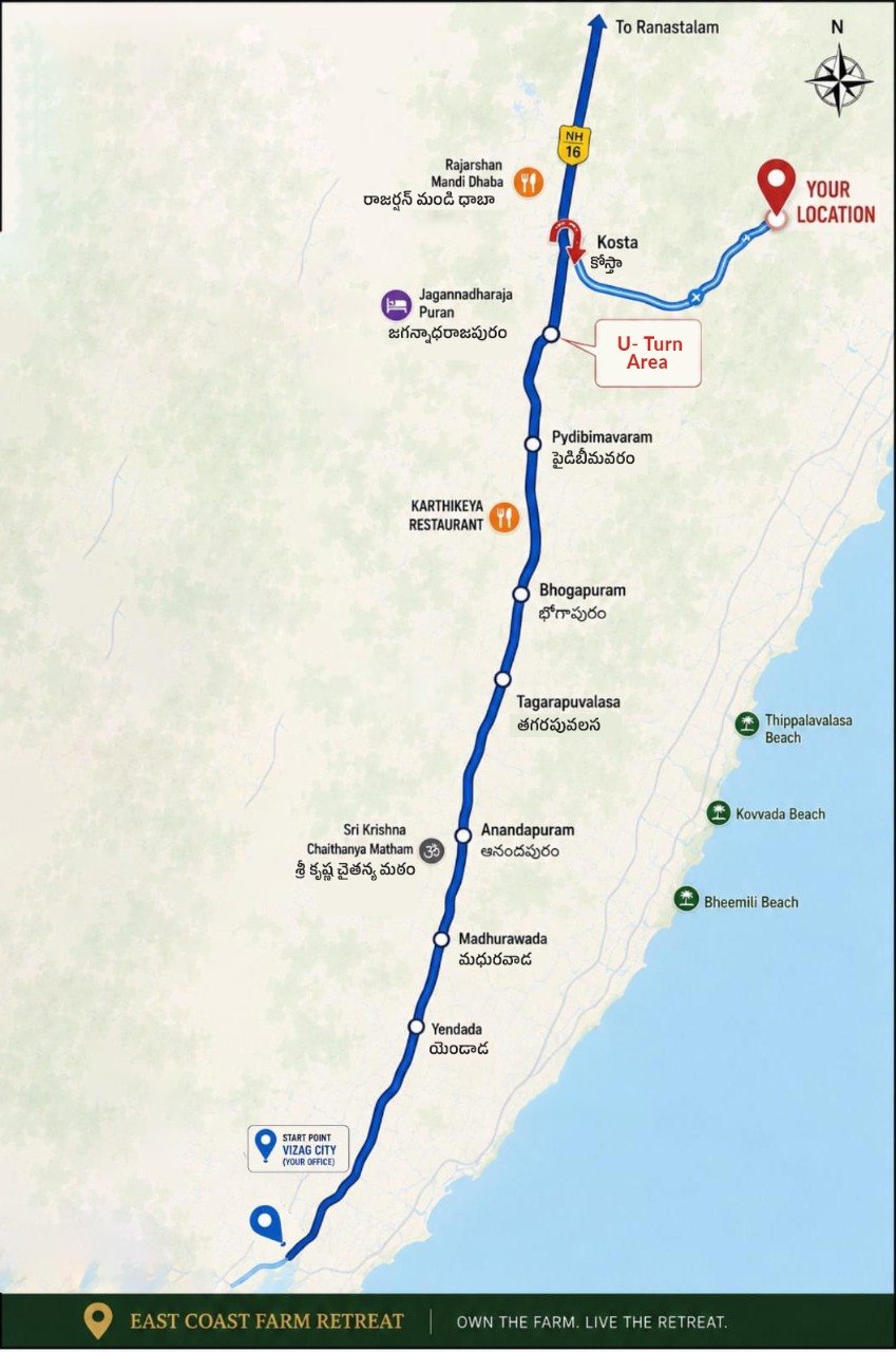 Route map from Vizag city along NH16 to East Coast Farm Retreat near Kosta